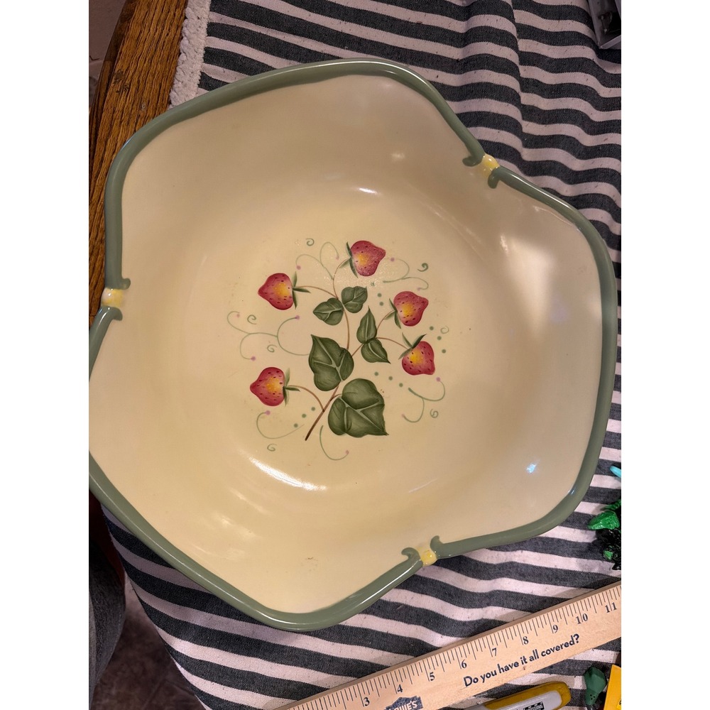 PartyLite Strawberry Vine Ceramic Pedestal Bowl Scalloped Fruit Serving Dish